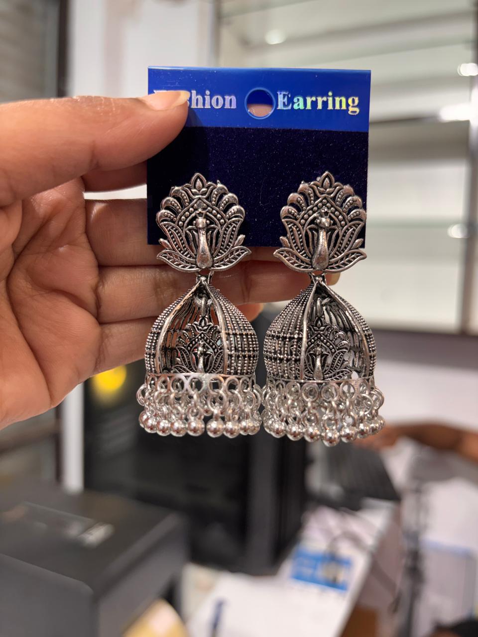 Colorful Beaded Jhumka Earrings - Oxidised Designer