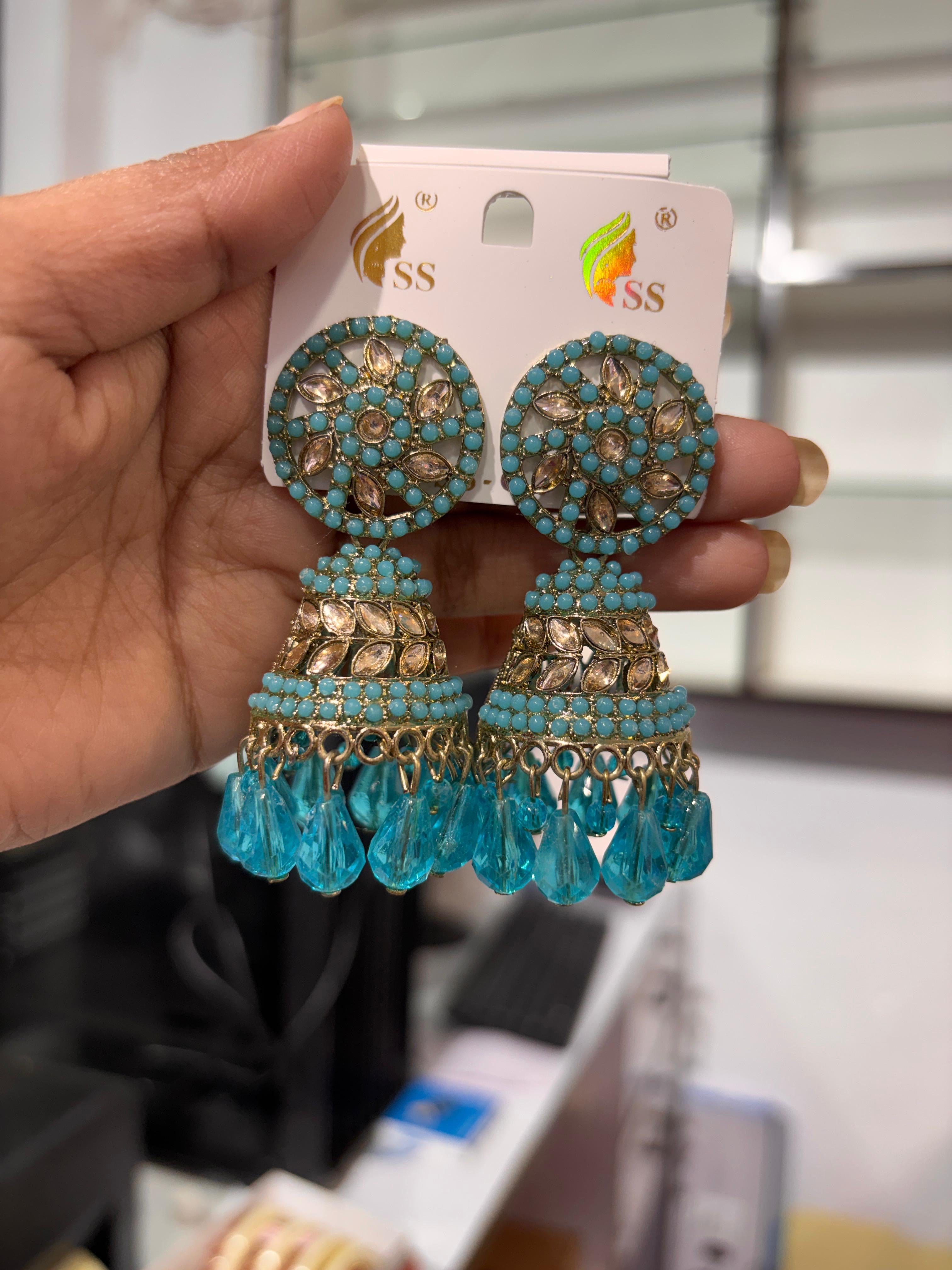 Yellow And Sky Blue Stone Round Jhumka Earrings