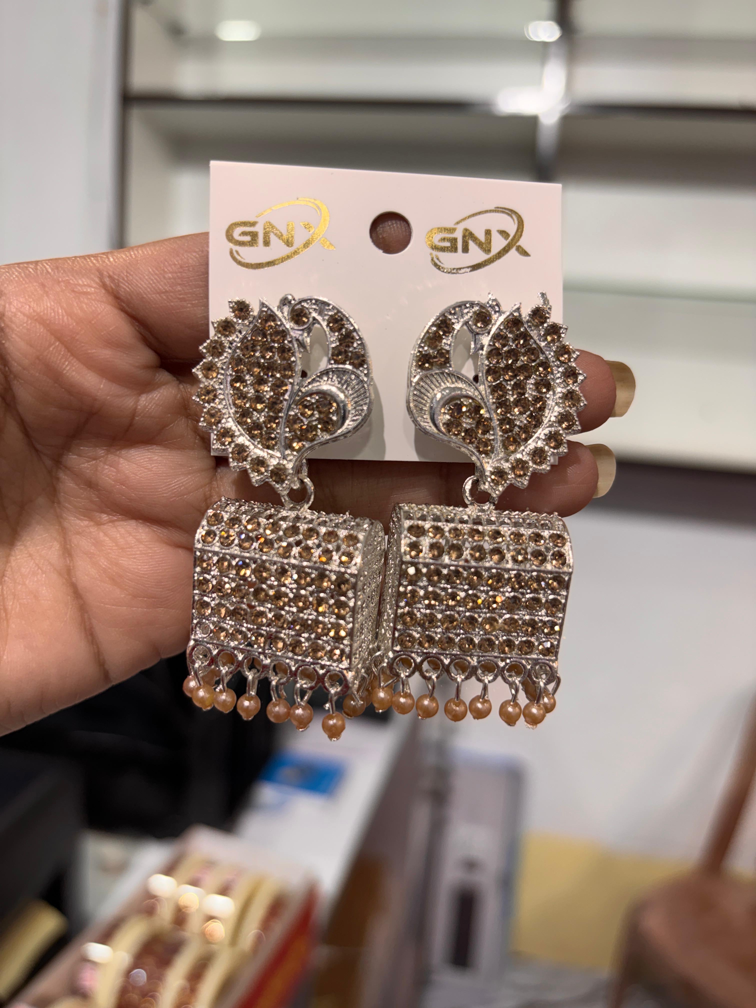 White Stone Peacock Jhumka Earrings - Silver Finish