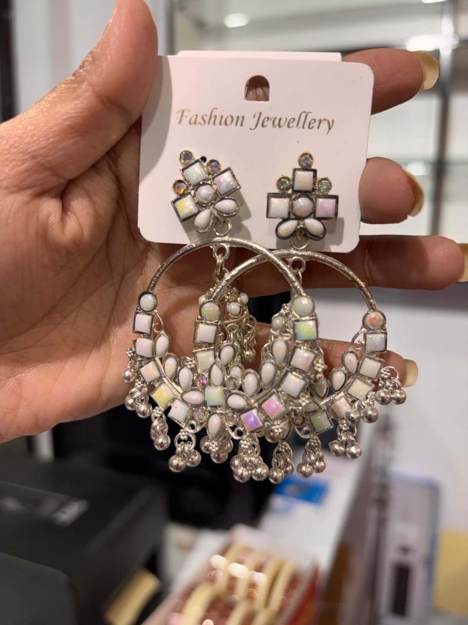 Crystal Embellished Square Jhumka Earrings - Oxidised Gold