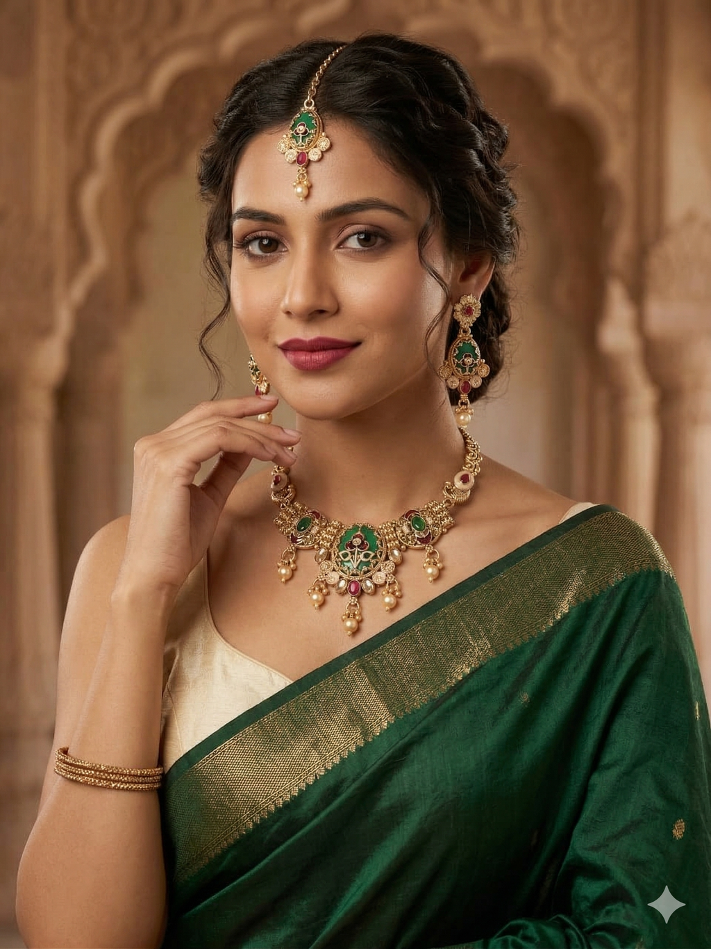 Saj-Konya Antique Gold-Plated Kundan Necklace Set with Earrings & Maang Tikka | Traditional Ethnic Floral Meenakari Jewelry for Women & Girls | Bridal & Festive Wear