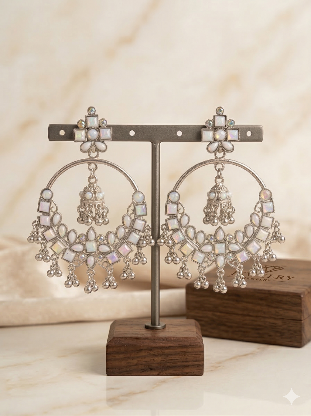 Crystal Embellished Square Jhumka Earrings - Oxidised Gold