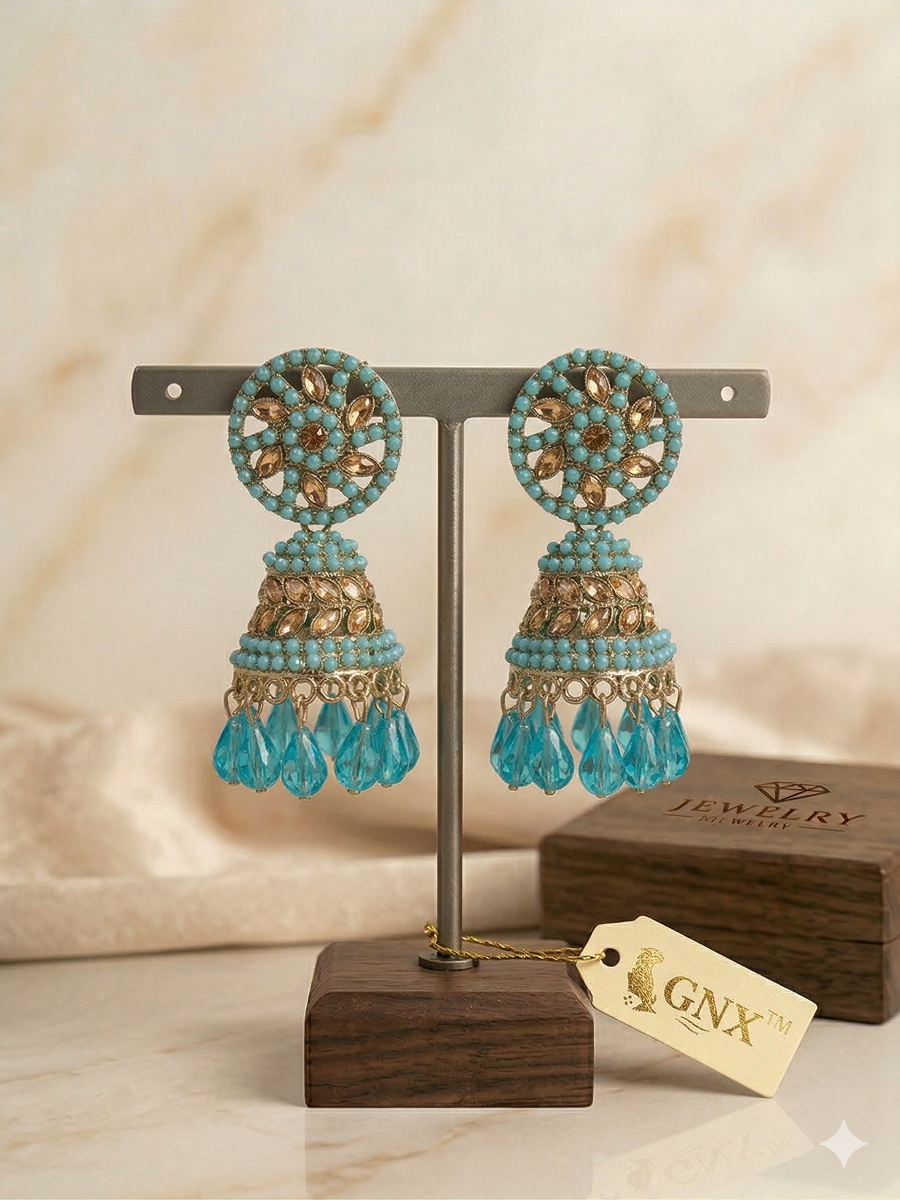 Yellow And Sky Blue Stone Round Jhumka Earrings