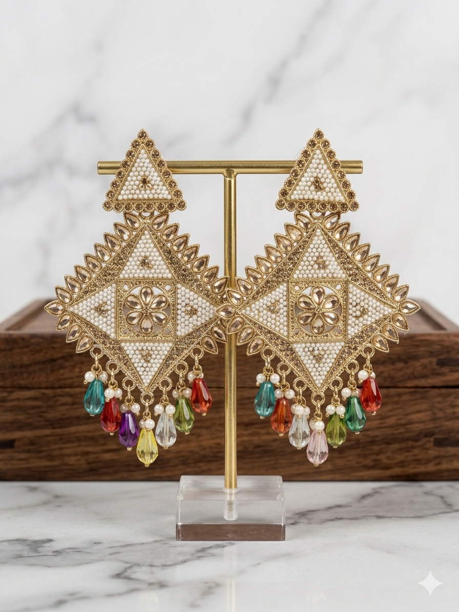 Multicolor Crystal Triangle Earrings - Antique Gold