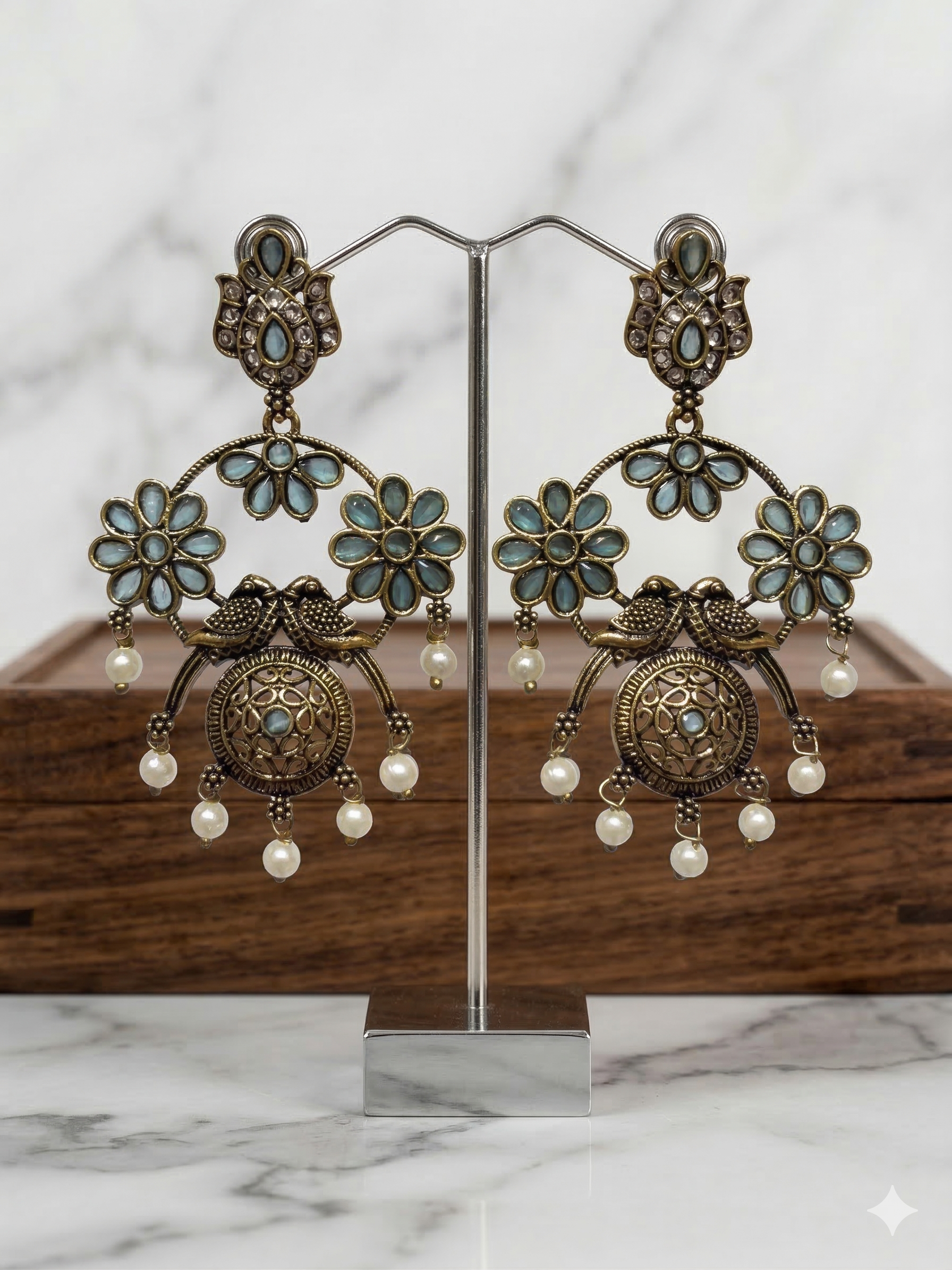 Turquoise Stone Peacock Chandbali Earrings - Antique Gold