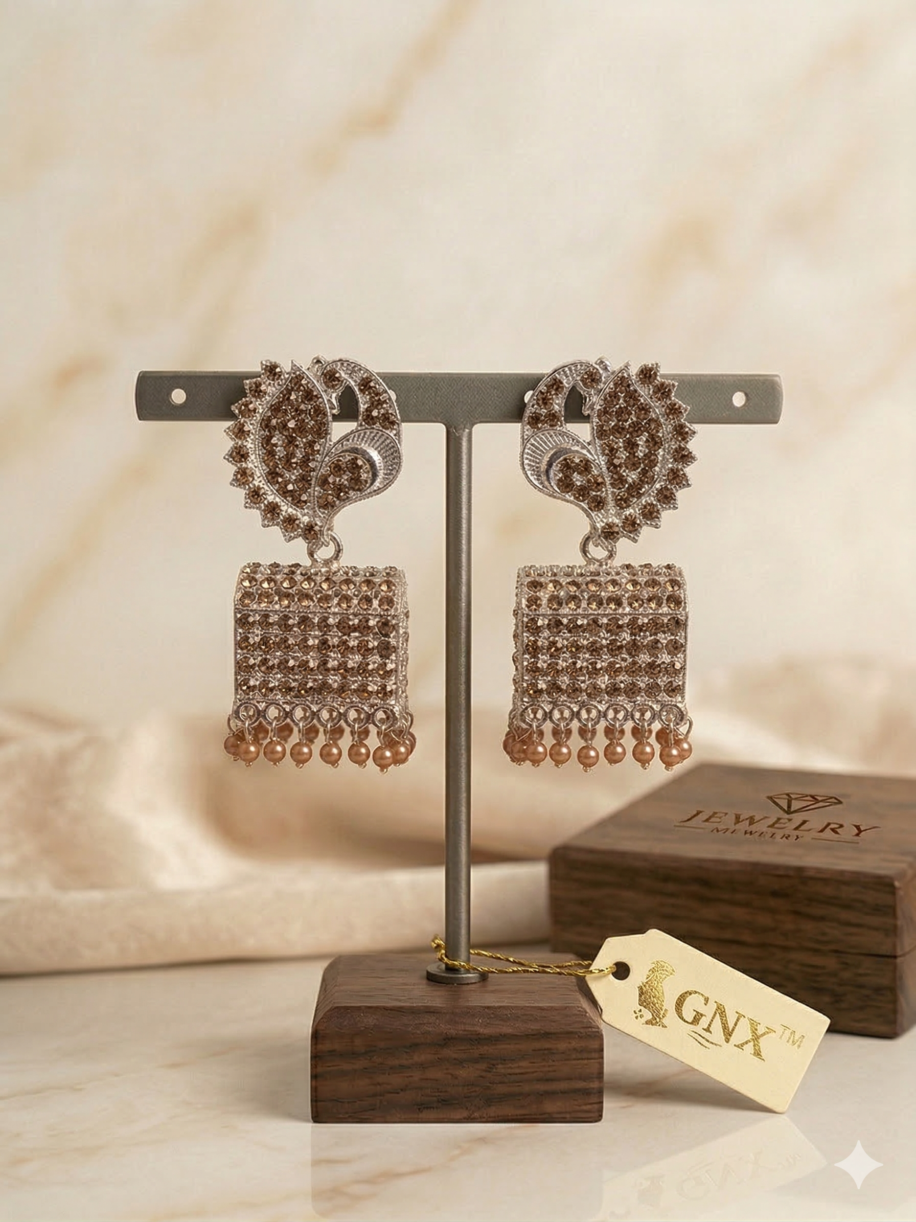 White Stone Peacock Jhumka Earrings - Silver Finish