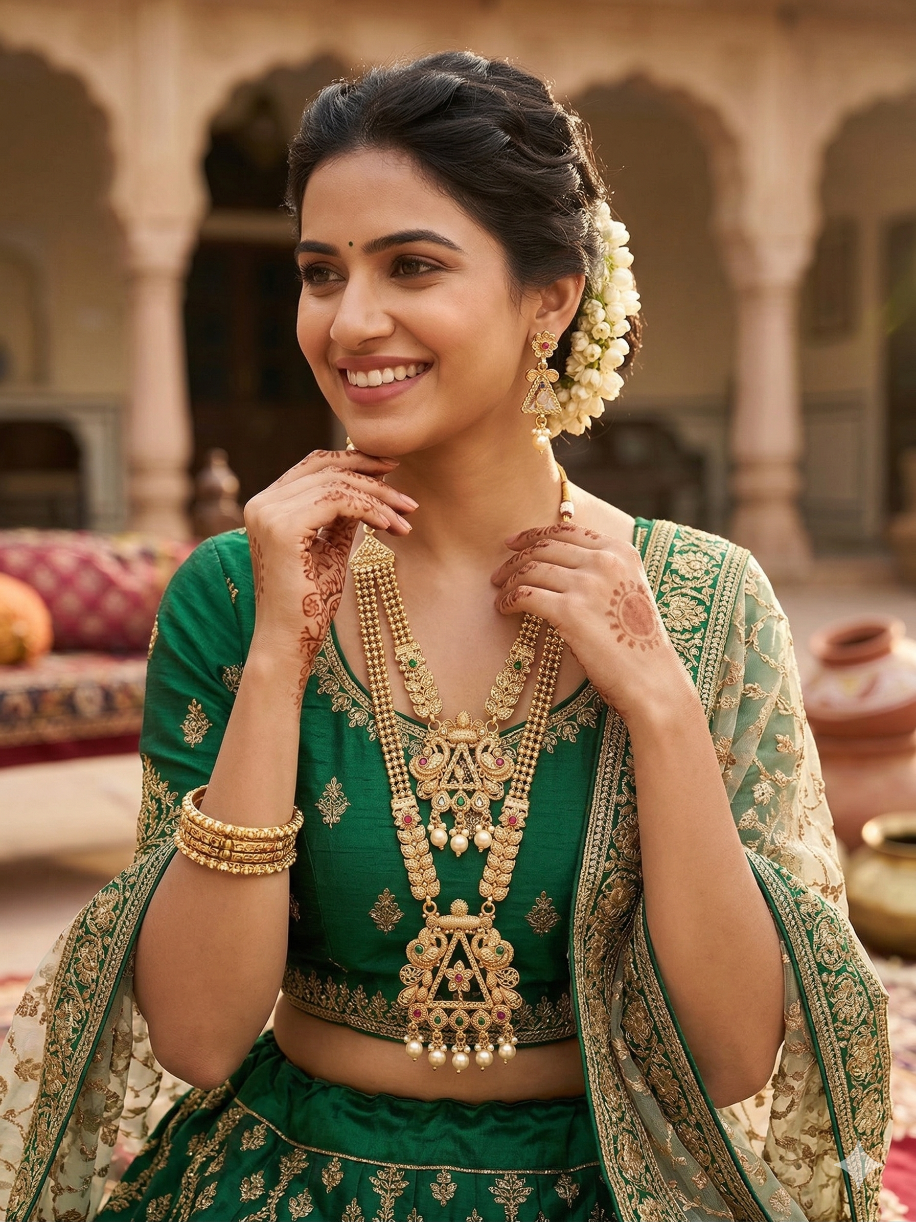 Gold-Tone Bridal Long Haar Set with Jhumka Earrings