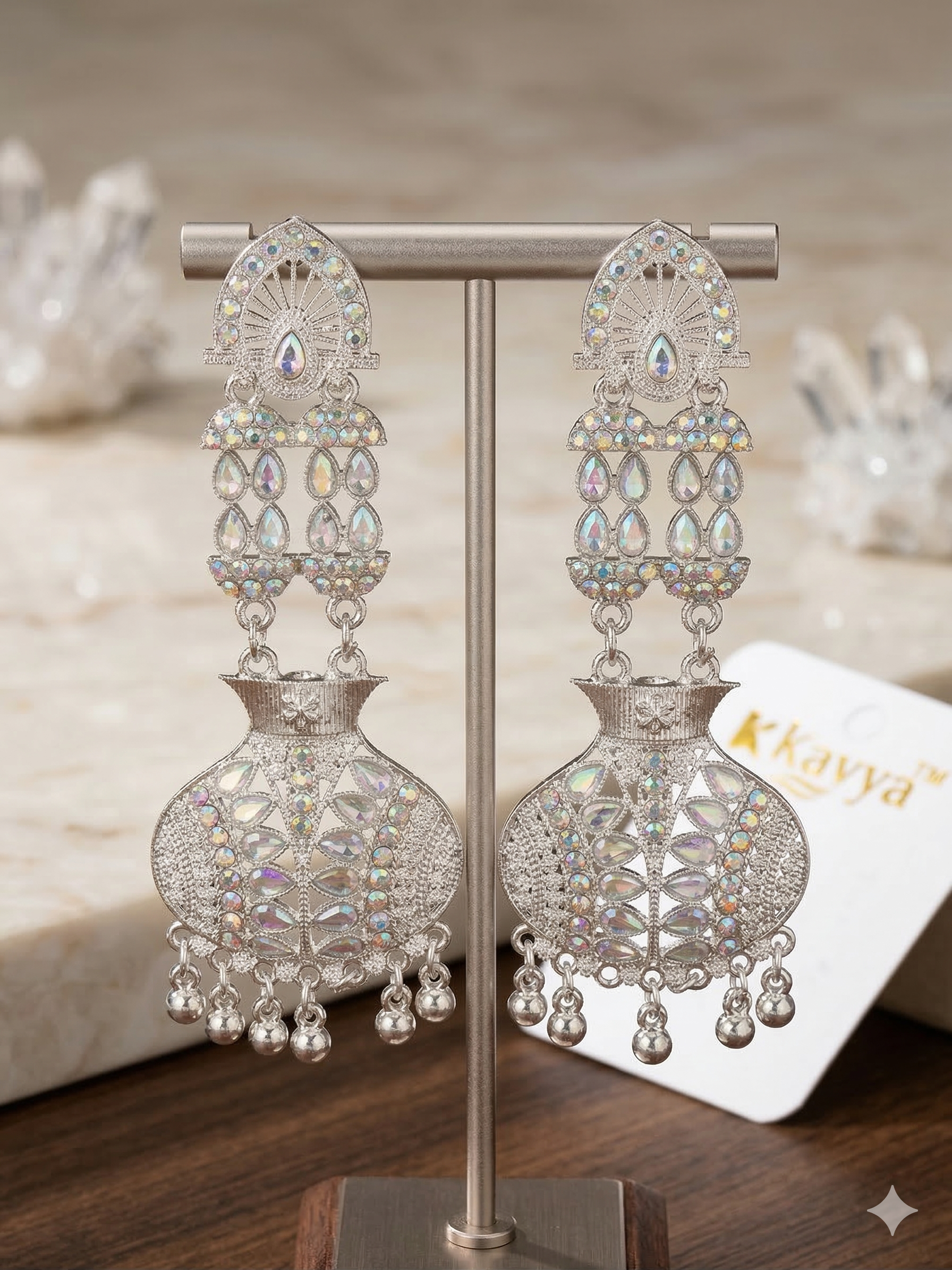 White Stone Chandbali Earrings - Oxidised Silver
