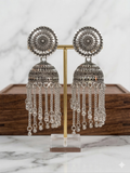 Silver Chain Fringe Jhumka Earrings - Oxidised Finish