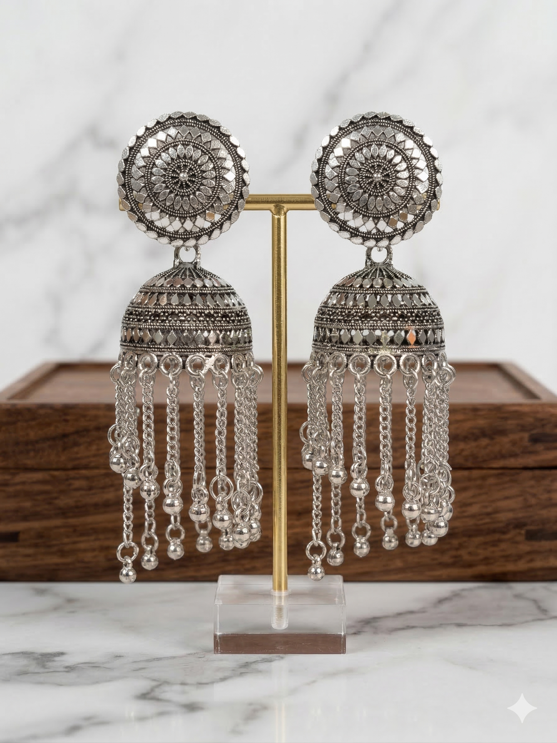 Silver Chain Fringe Jhumka Earrings - Oxidised Finish