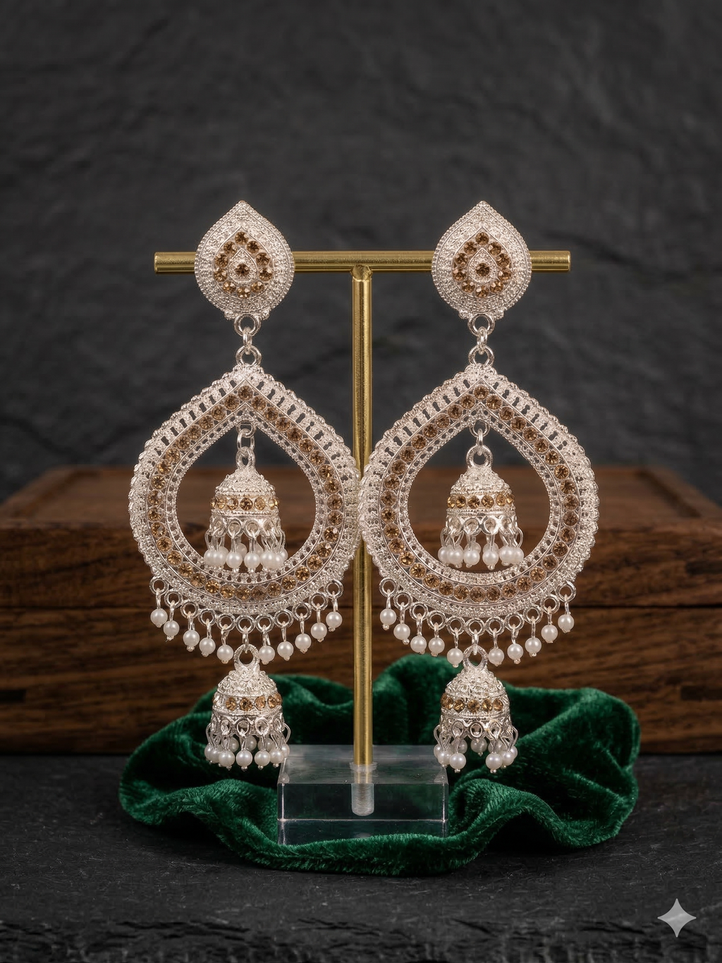 Crystal Chandbali Jhumka Earrings With Pearl Fringe - Silver