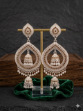Crystal Chandbali Jhumka Earrings With Pearl Fringe - Silver