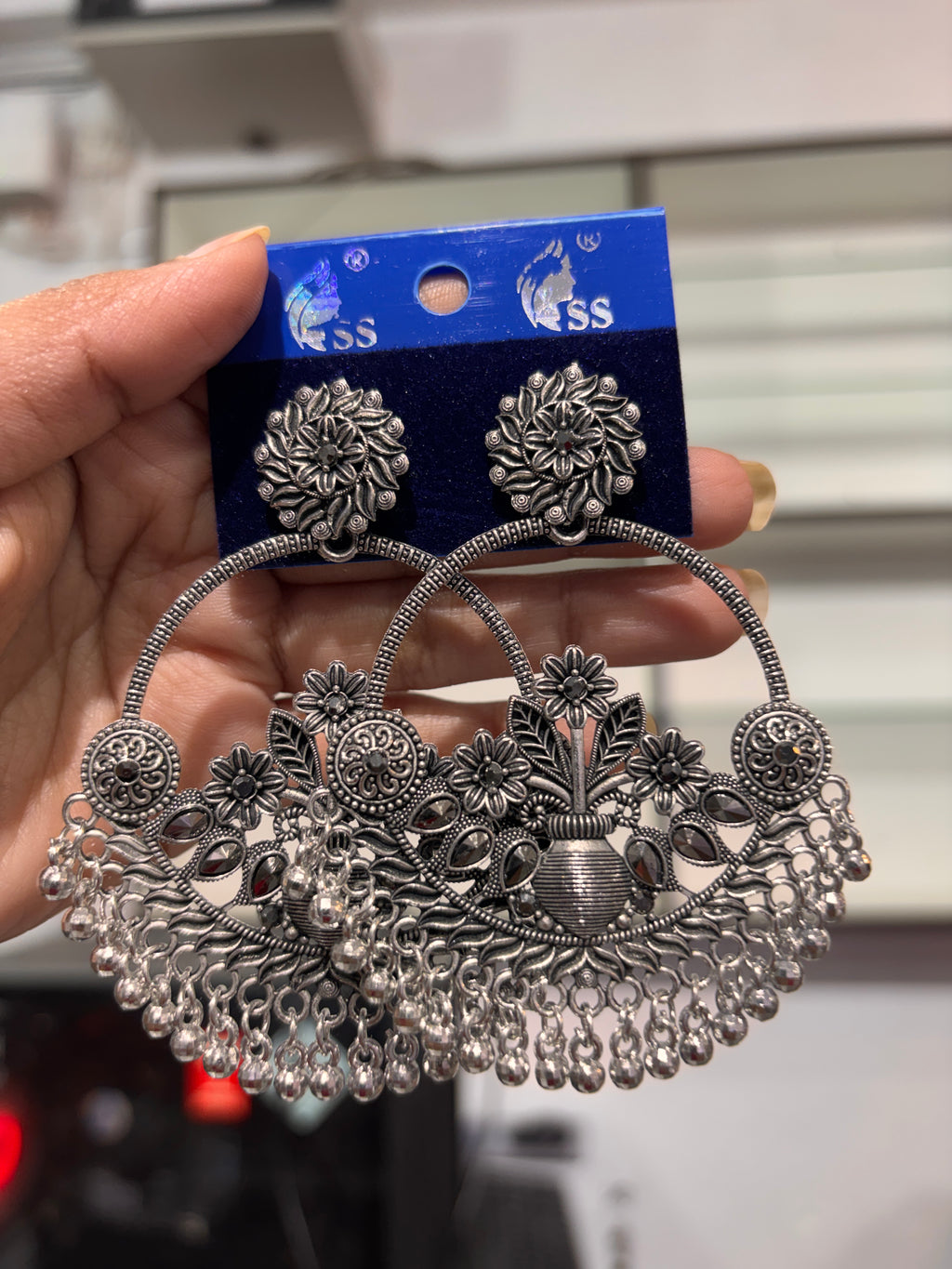 Floral Chandbali Earrings - Oxidised Silver
