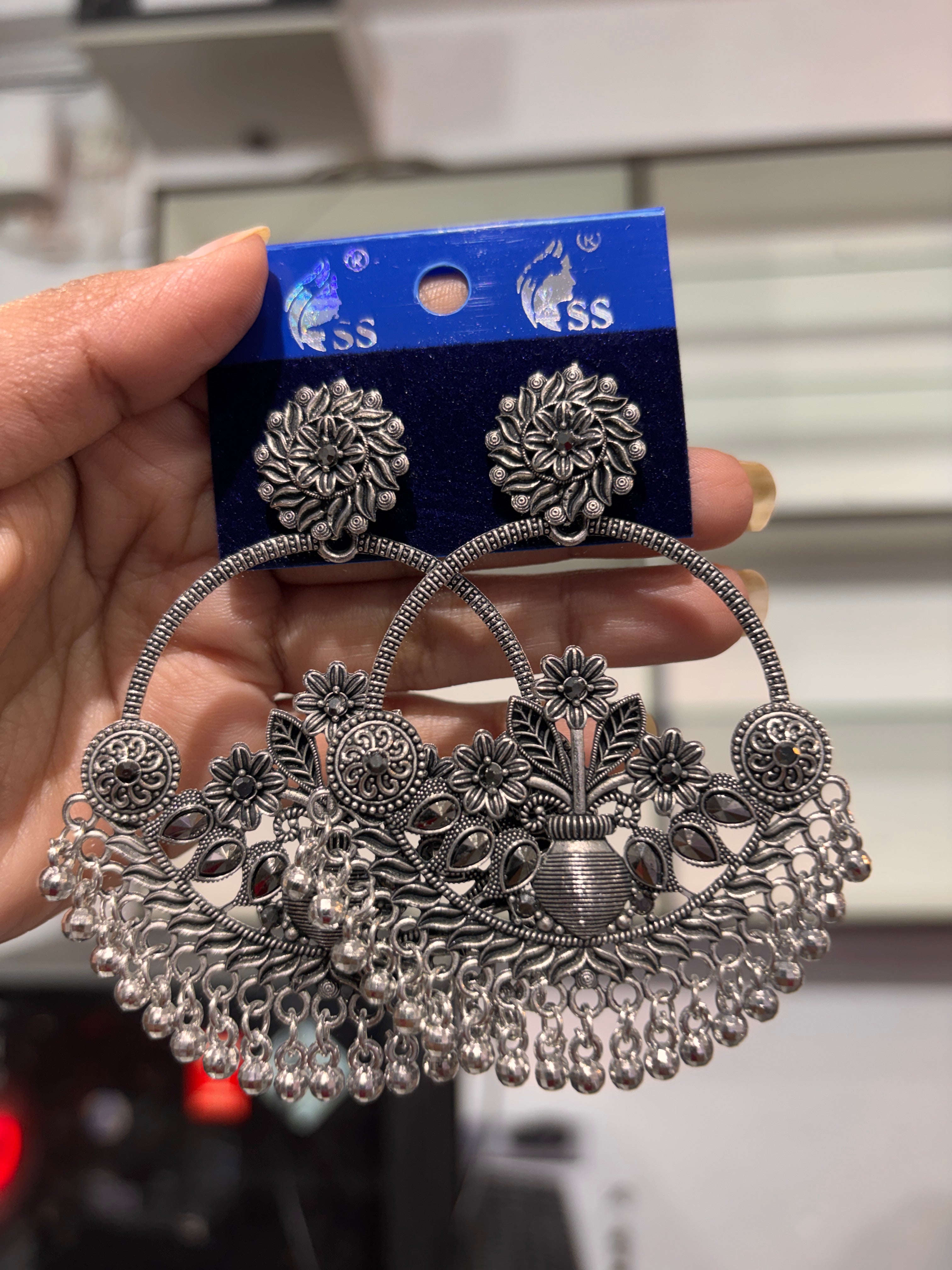 Floral Chandbali Earrings - Oxidised Silver