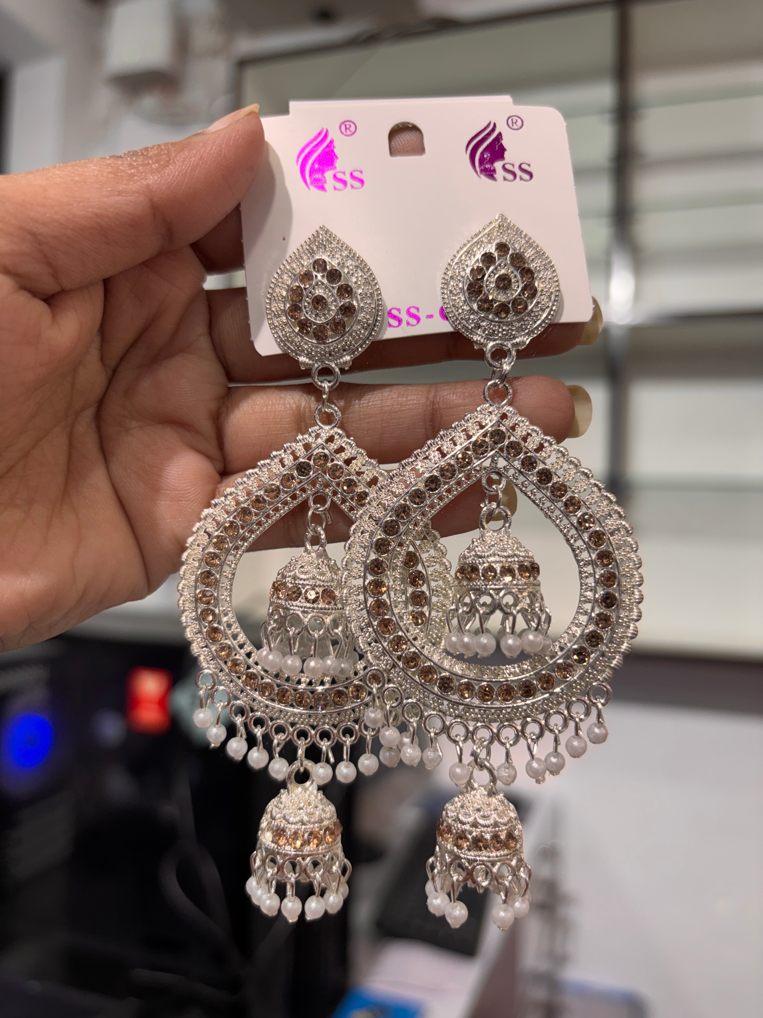 Crystal Chandbali Jhumka Earrings With Pearl Fringe - Silver