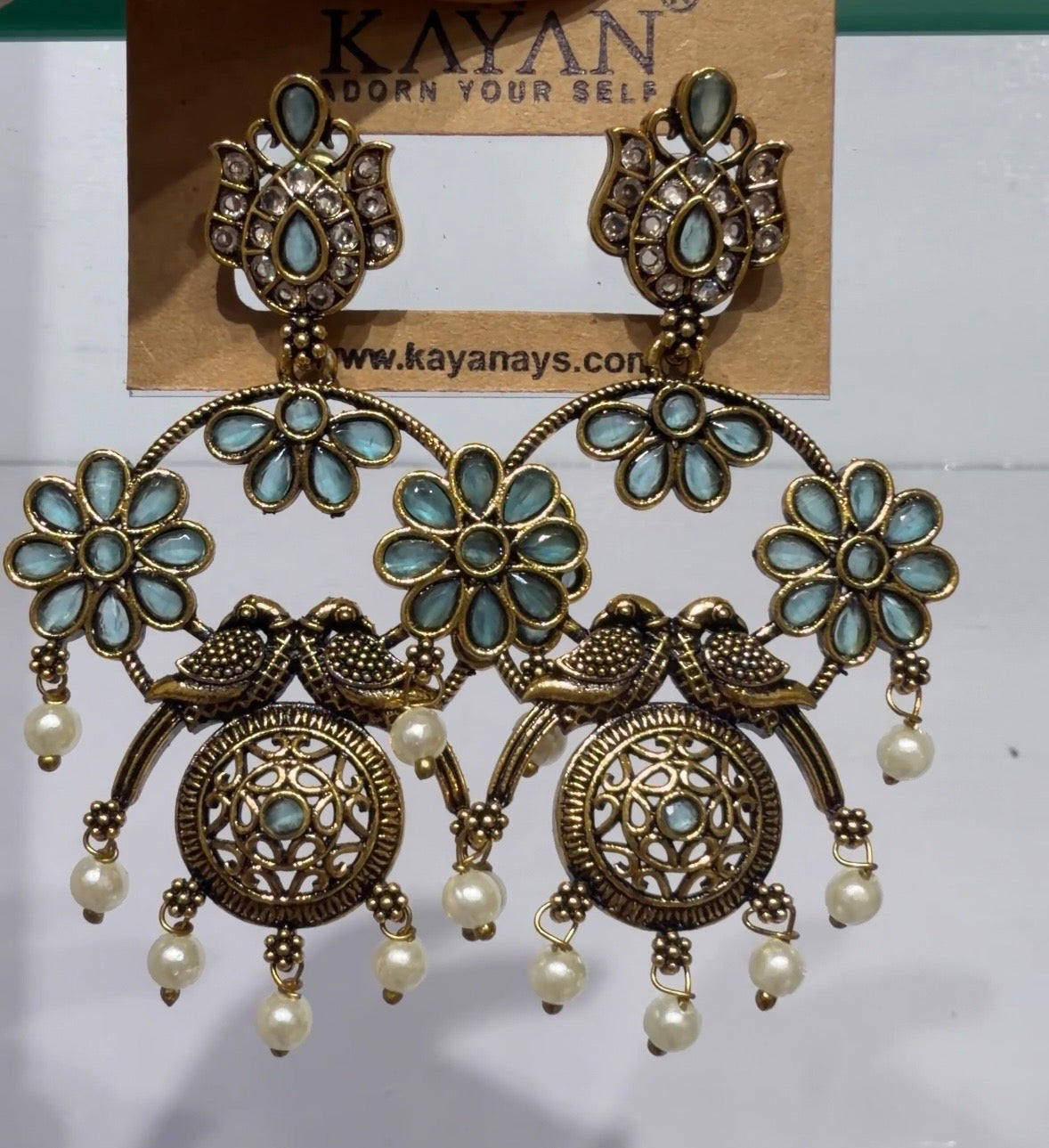 Turquoise Stone Peacock Chandbali Earrings - Antique Gold