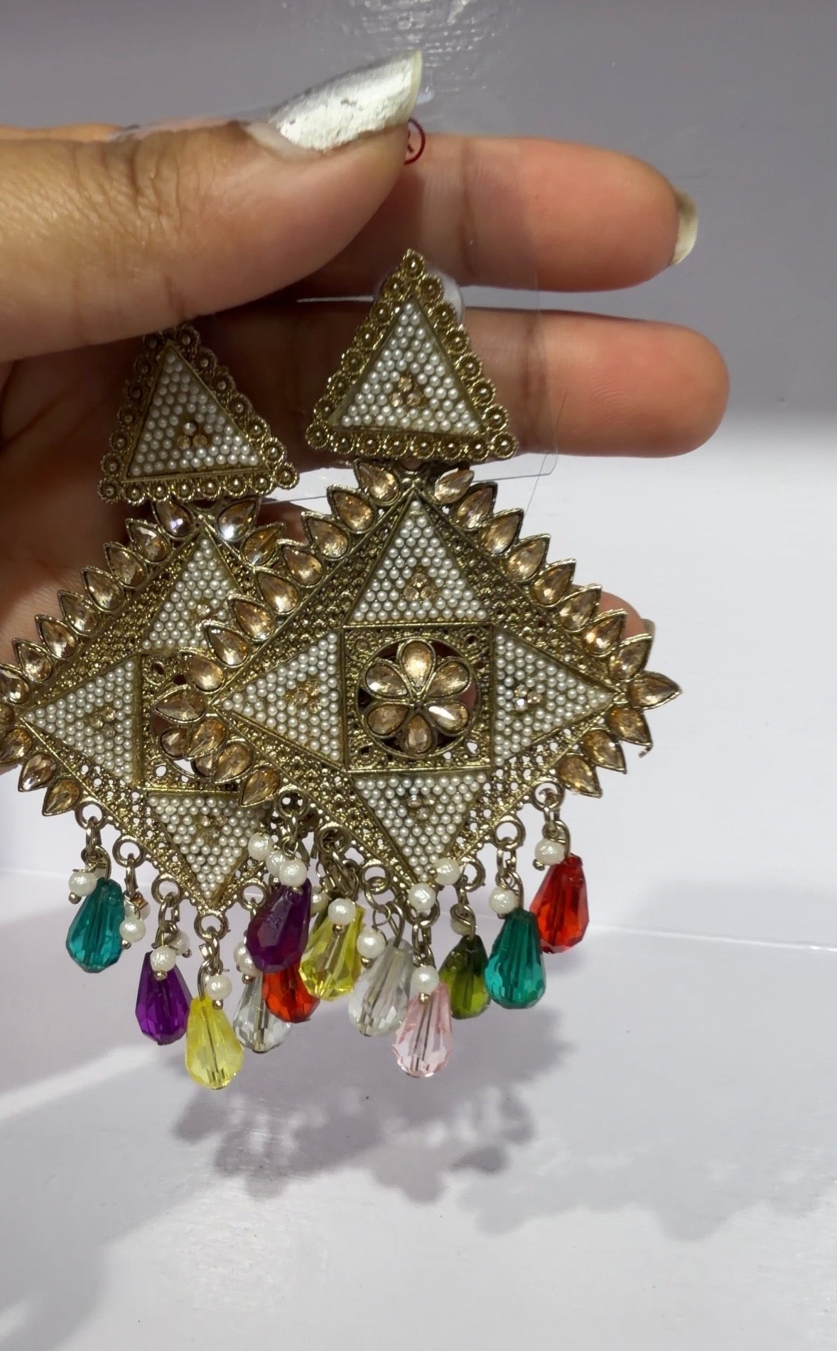Multicolor Crystal Triangle Earrings - Antique Gold