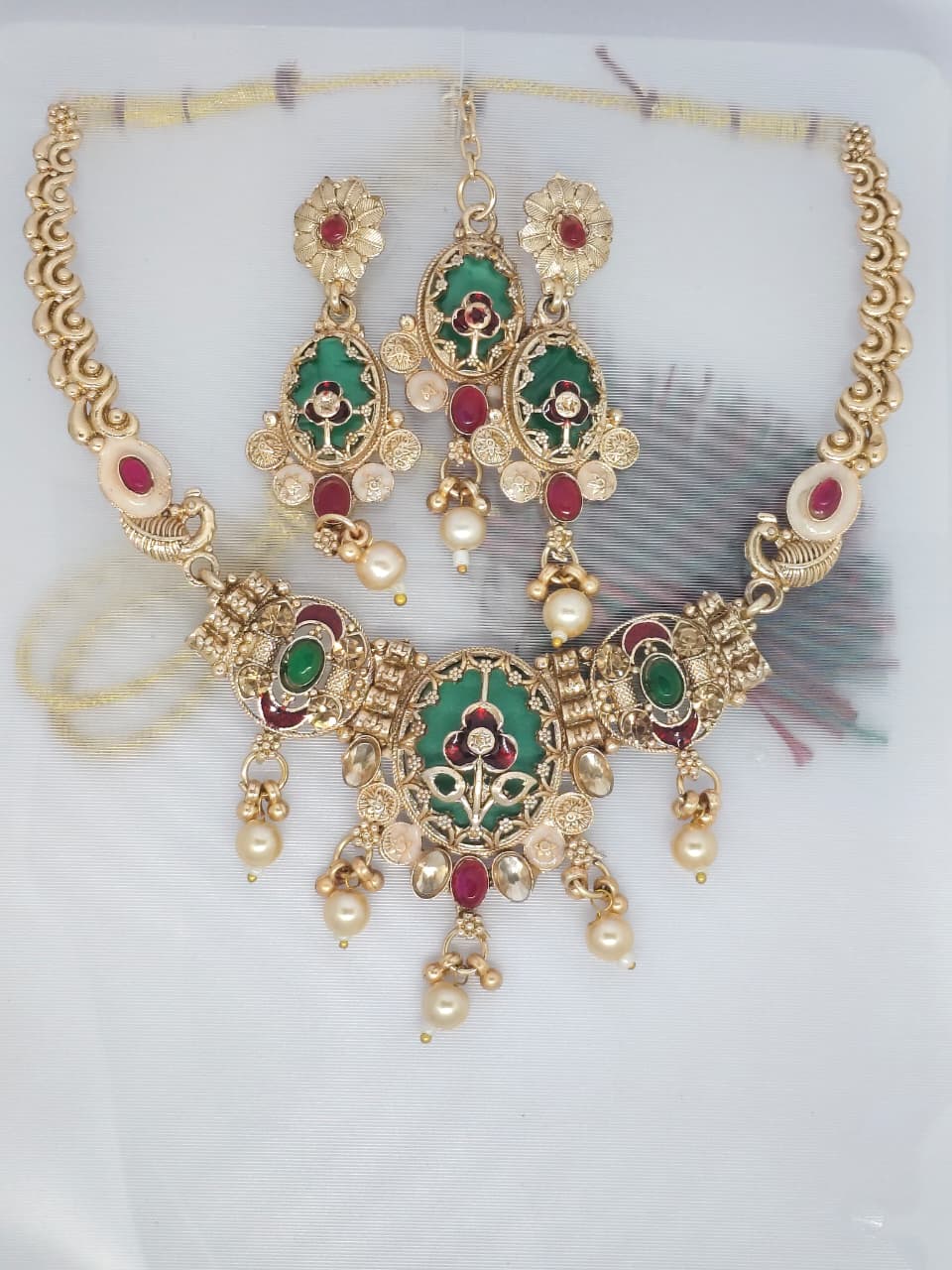Saj-Konya Antique Gold-Plated Kundan Necklace Set with Earrings & Maang Tikka | Traditional Ethnic Floral Meenakari Jewelry for Women & Girls | Bridal & Festive Wear